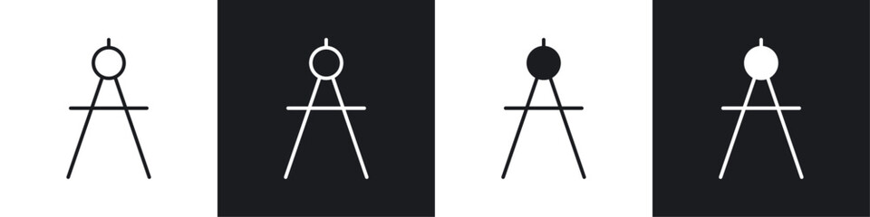 Drafting compass icons collection in black and white filled and line versions