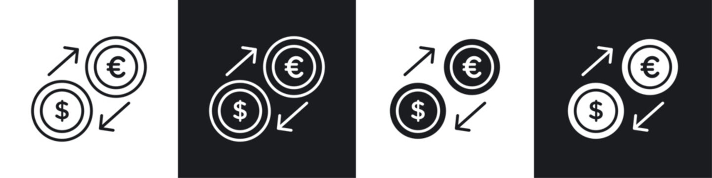 Money exchange icons collection in black and white filled and line versions