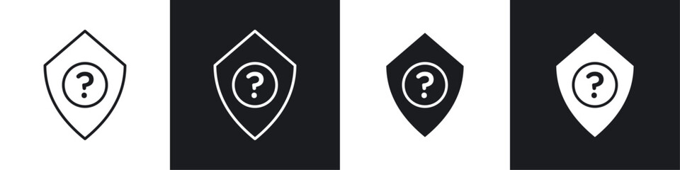 Shield interrogation icons collection in black and white filled and line versions
