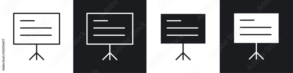 Poster presentation icons collection in black and white filled and line versions