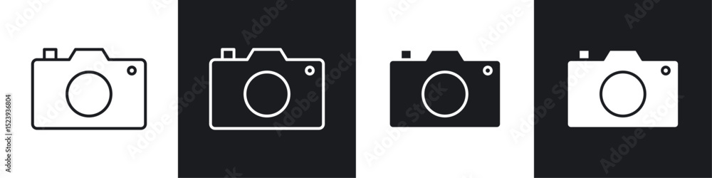 Poster camera icons collection in black and white filled and line versions