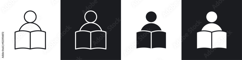 Poster book open reader icons collection in black and white filled and line versions