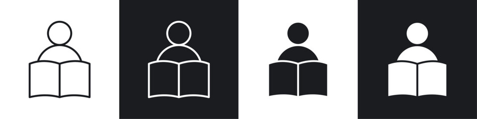 Book open reader icons collection in black and white filled and line versions