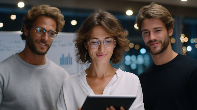 A team collaborating in a conference room with data analysis tools