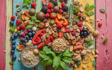 Fresh fruits and nuts rich in antioxidants create vibrant and healthy display of nature bounty