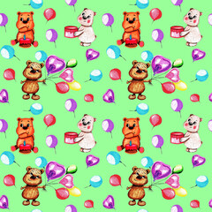 Cute bears with colorful balloons and cake on light green background. Watercolor hand painted seamless pattern for kid.