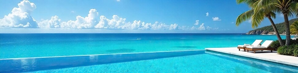 Fototapeta premium Crystal-clear water meets the endless blue A luxurious infinity pool seamlessly blends with the breathtaking ocean horizon, creating a stunning visual of paradise , outdoor, clear