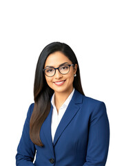 A confident South Asian woman with shoulder-length black hair and glasses, wearing a formal navy suit and light blue blouse.