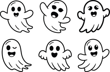 Cute Ghost Characters Line Art Vector Illustration