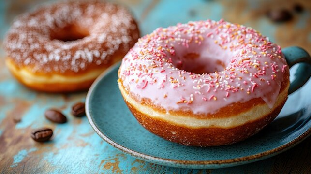 Pink icing doughnut with coffee beans