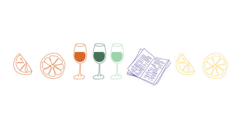 Colorful Line Art Illustration of Wine Glasses, Citrus Fruits, and a Book