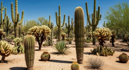 Fototapeta premium Variety of desert cacti in a sunny landscape.