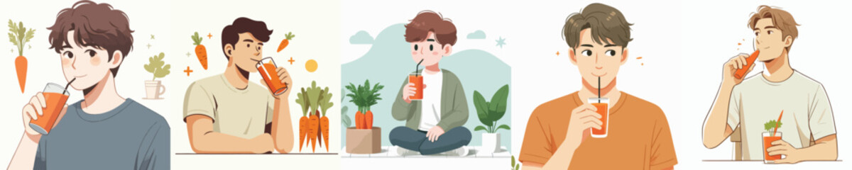 vector of a young man drinking carrot juice