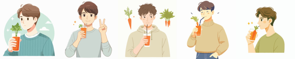 vector of a young man drinking carrot juice