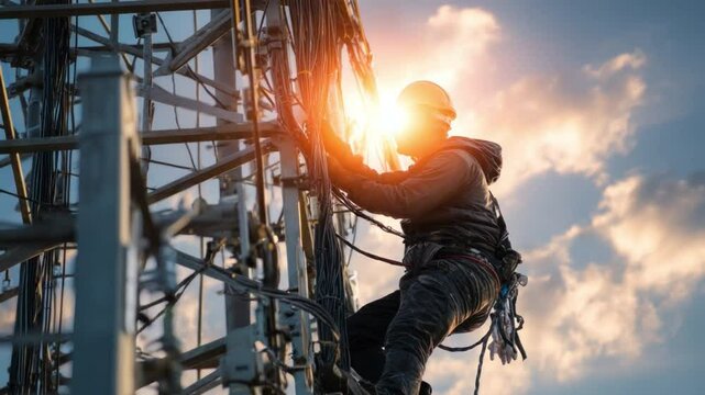 Communication Tower Climber: A courageous worker ascends a towering communication structure, sunlight illuminating the scene, highlighting dedication and risk in modern infrastructure maintenance. 