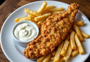 a plate of fried fish with tartar sauce and fries, high in unhealthy fats and carbs, unsuitable for diabetes.