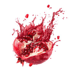 Stunning red pomegranate juice splashing vibrant seeds healthy fruit food photography delicious refreshing summer drink recipe ingredient closeup isolated on transparent background