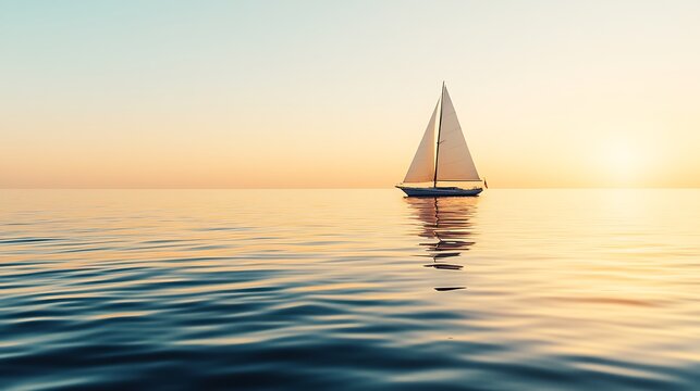 Serene sailboat sailing on calm waters reflecting sunlight at sunset or sunrise