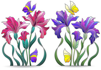 A set of stained glass illustrations with compositions of iris flowers, isolated on a white background