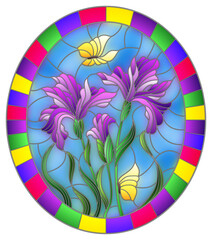 27621Illustration in stained glass style flower of purple irises and butterflies on a blue background in a bright frame,oval  image