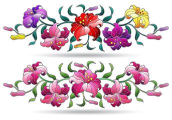Set of stained glass illustrations with bouquets and lilies flowers, flovers isolted on awhite background