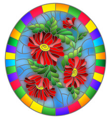 Illustration in stained glass style with a branch of a flowering plant with red flowers on a blue background in a bright frame, oval image