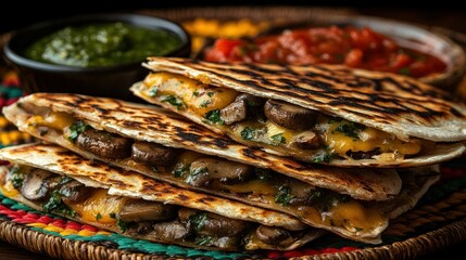 Fototapeta premium Mushroom quesadillas stacked on placemat