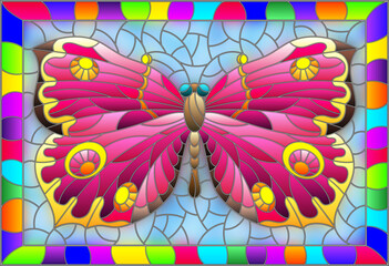 Illustration in stained glass style with a bright pink butterfly on a blue background in a bright frame, rectangular image