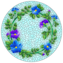 Illustration in the stained glass style with a wreath of bright flowers on a blue background, round image
