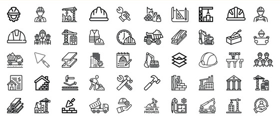 Construction icons set building industry workers tools