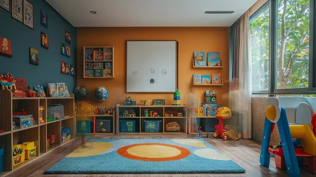 Vibrant and organized playroom interior design featuring toys and books