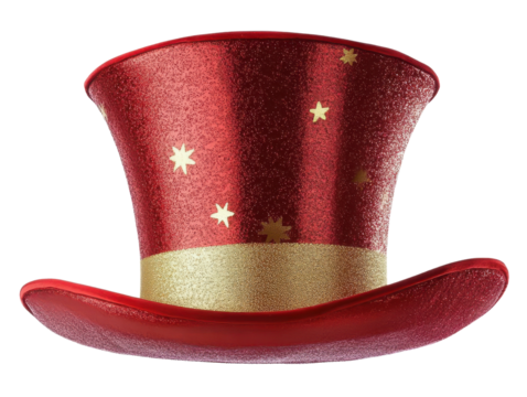 red top hat with gold stars on white background.