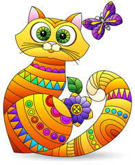 Stained glass element with rainbow cat, isolated image on white background