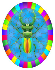 Illustration in stained glass style abstract in rainbow beetle deer on a blue background, the oval image in bright frame