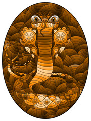 A stained glass illustration with a bright abstract snake cobra on a wavy background, tone brown
