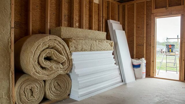 Stacked mineral wool insulation rolls and construction materials in garage  