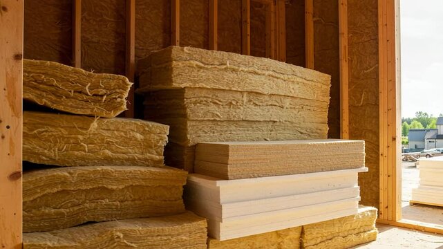 Stacked mineral wool insulation boards in storage area  