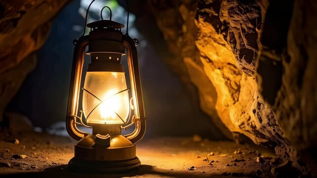 Illuminated antique lantern provides warm light in a dark cave with textured walls on a rocky floor, creating an atmosphere of exploration and mystery.