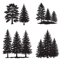 Black silhouette illustrations of evergreen trees in various groupings for nature and design projects