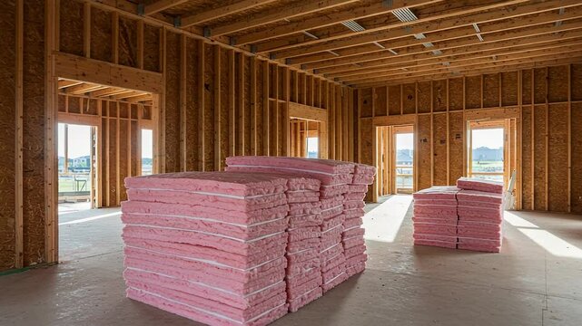 Stacked mineral wool insulation boards in an unfinished construction site  