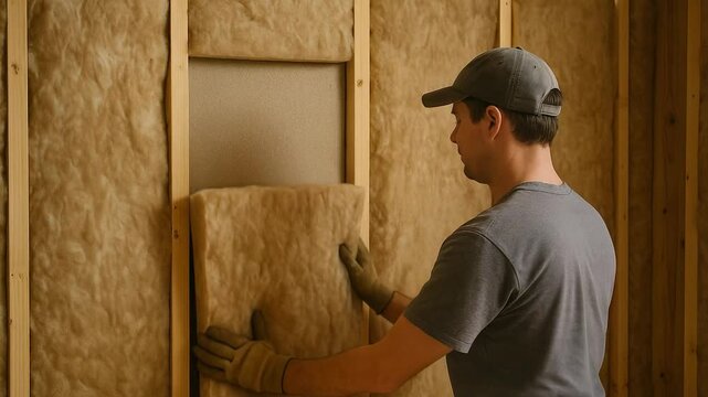 Man installing mineral wool insulation in a wooden wall structure  