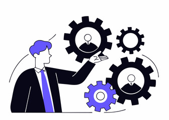 Business work flow, leadership to drive team and initiate productivity and efficiency working process concept, smart businessman manager use all his power and skill to rotate group of cogwheels gear.
