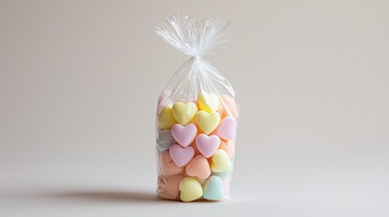 Heartshaped candies packed in clear cone bag on white background