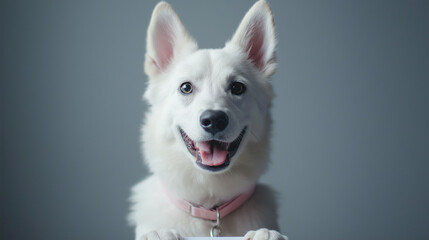 Happy White Swiss Shepherd Dog Smiling with Paws Up on White Background