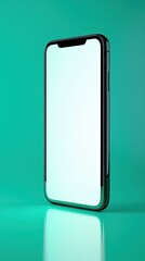 Sleek black smartphone stands on glossy turquoise surface in studio