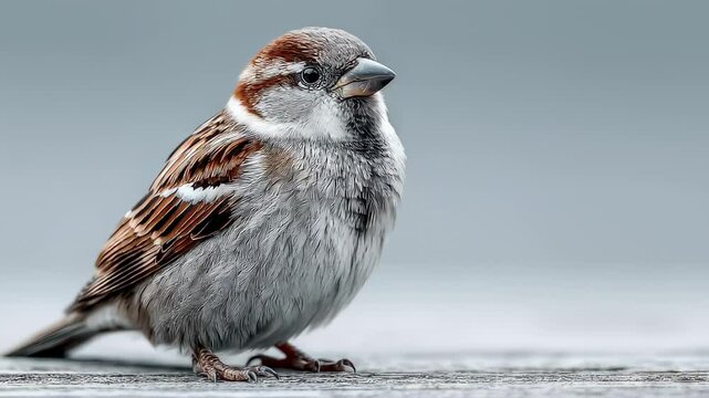Detailed close-up of a charming house sparrow perched, showcasing its intricate feather patterns