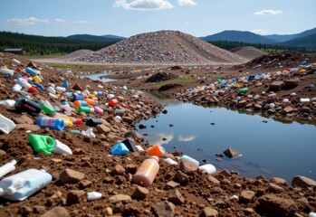 a landfill leaking toxic chemicals from degrading plastics into nearby groundwater, polluting drinking water sources for local communities.
