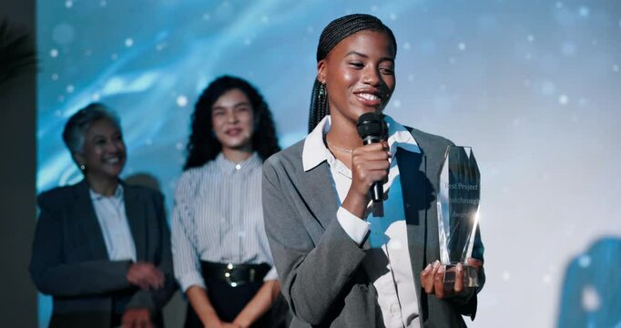 Business, happy woman or speech with award at seminar for congratulations, achievement or milestone. Female person, employee or applause with smile in celebration for trophy or nomination at ceremony