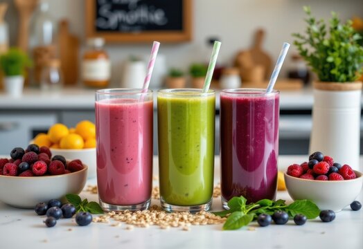 a smoothie bar scene offering fiber enhanced blends for digestive health with ingredients like spinach, oats, berries.