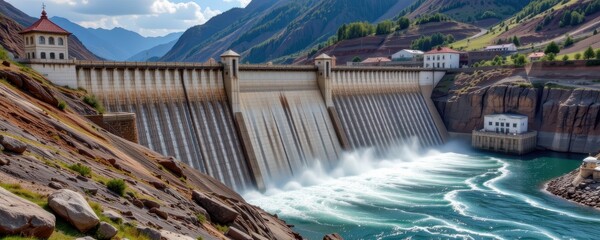 a massive hydroelectric dam releasing water through turbines, generating electricity from flowing river currents in a scenic mountain valley, representing renewable hydropower energy.
